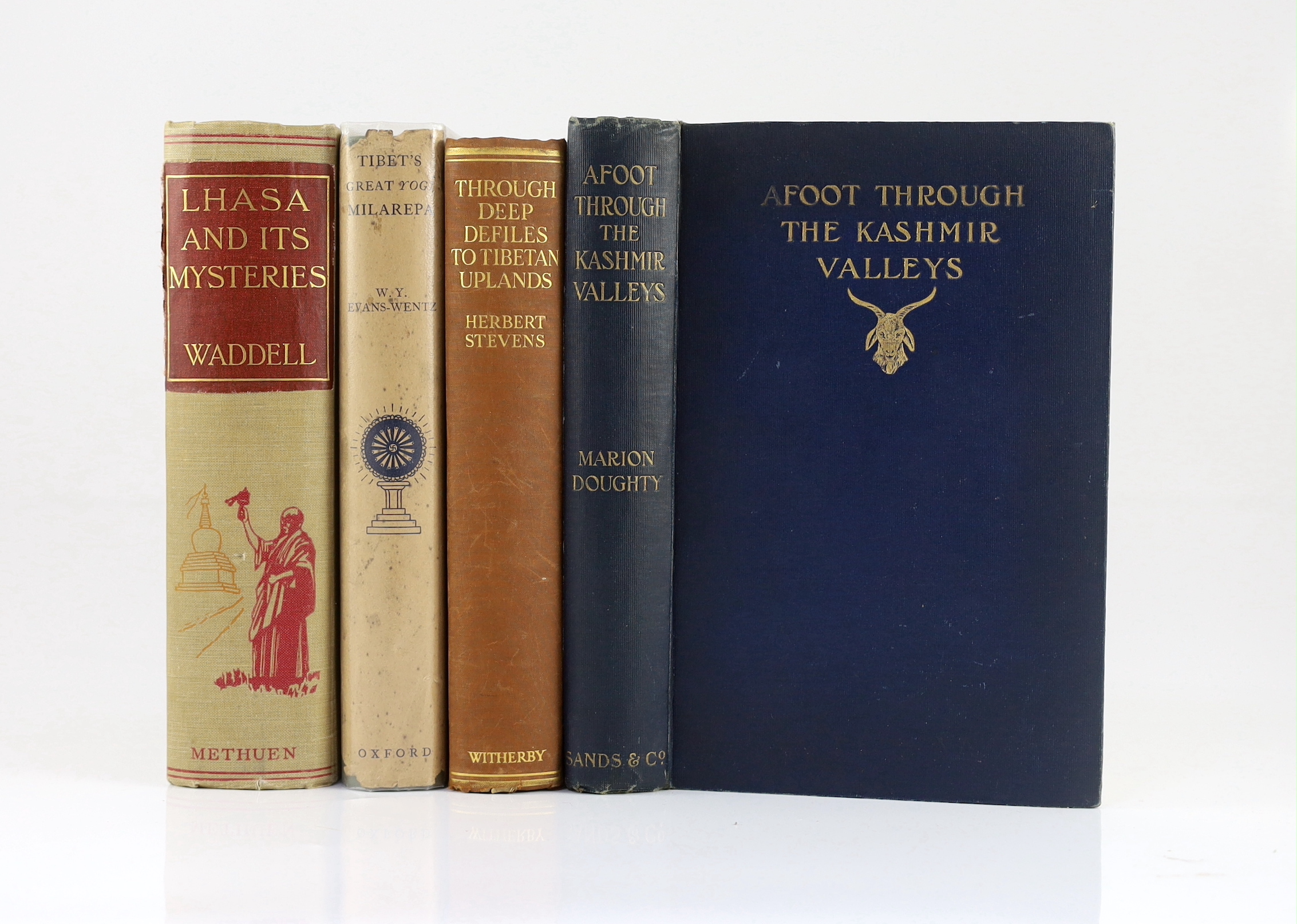 Waddell, L. Austine - Lhasa and its Mysteries: with a record of the expedition of 1903-1904. 4th edition. coloured frontis., 85 photo. plates, 7 maps (3 folded) and text illus.; publisher's coloured pictorial cloth (with